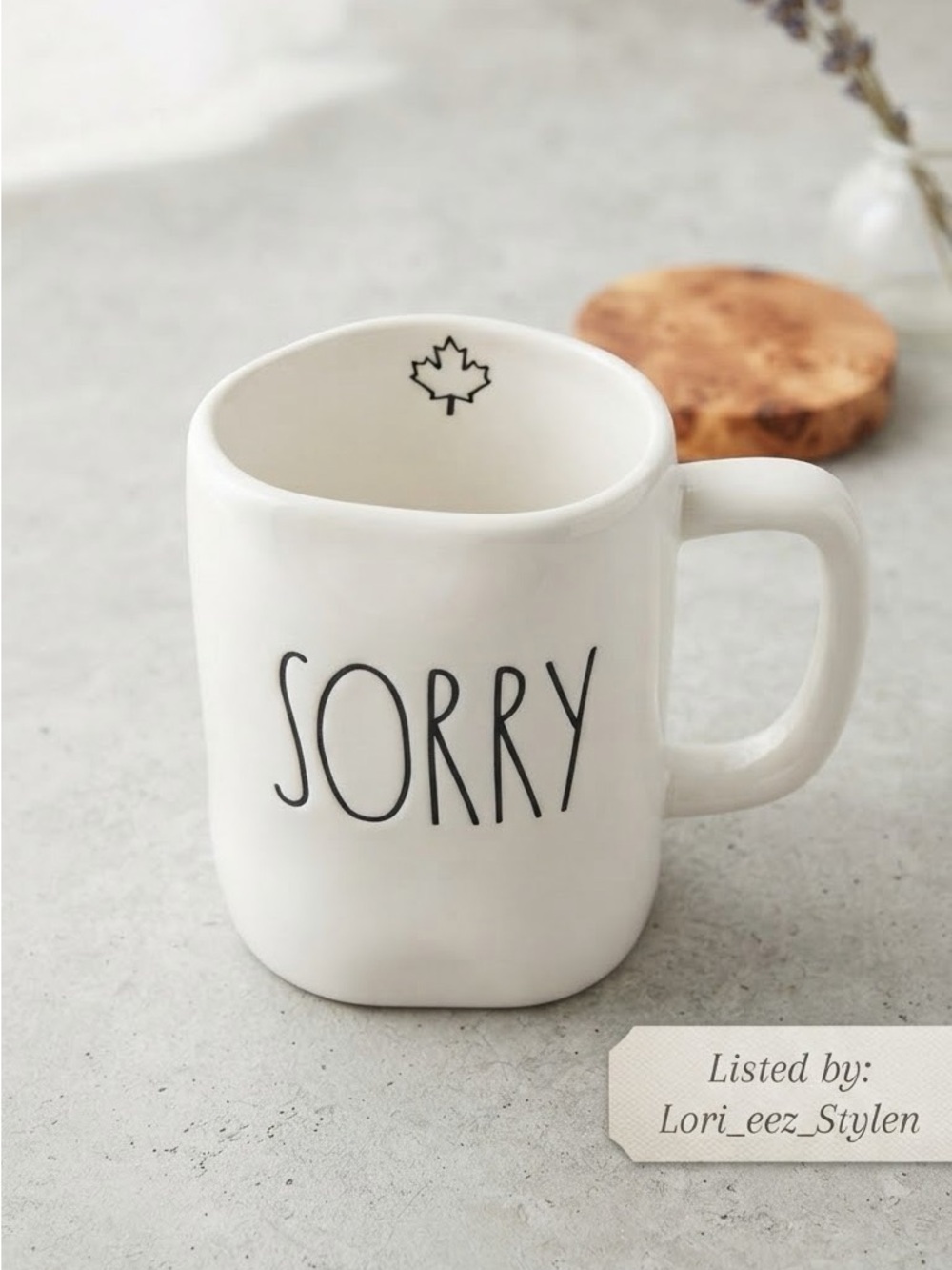 Rae Dunn White Ceramic 'SORRY' Mug with Black Lettering